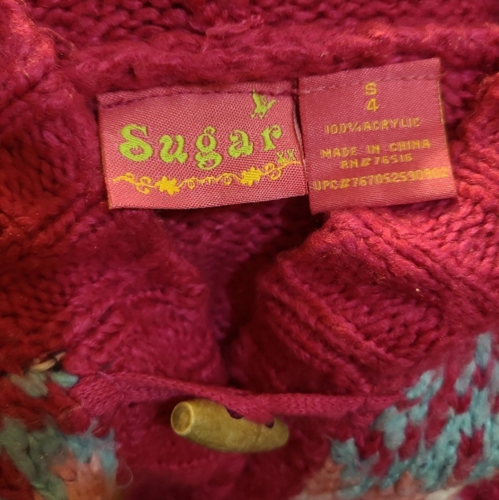Sugar Girls Pink Hooded Fair Isle Acrylic Toggle Sweater S (4) - Picture 3 of 3